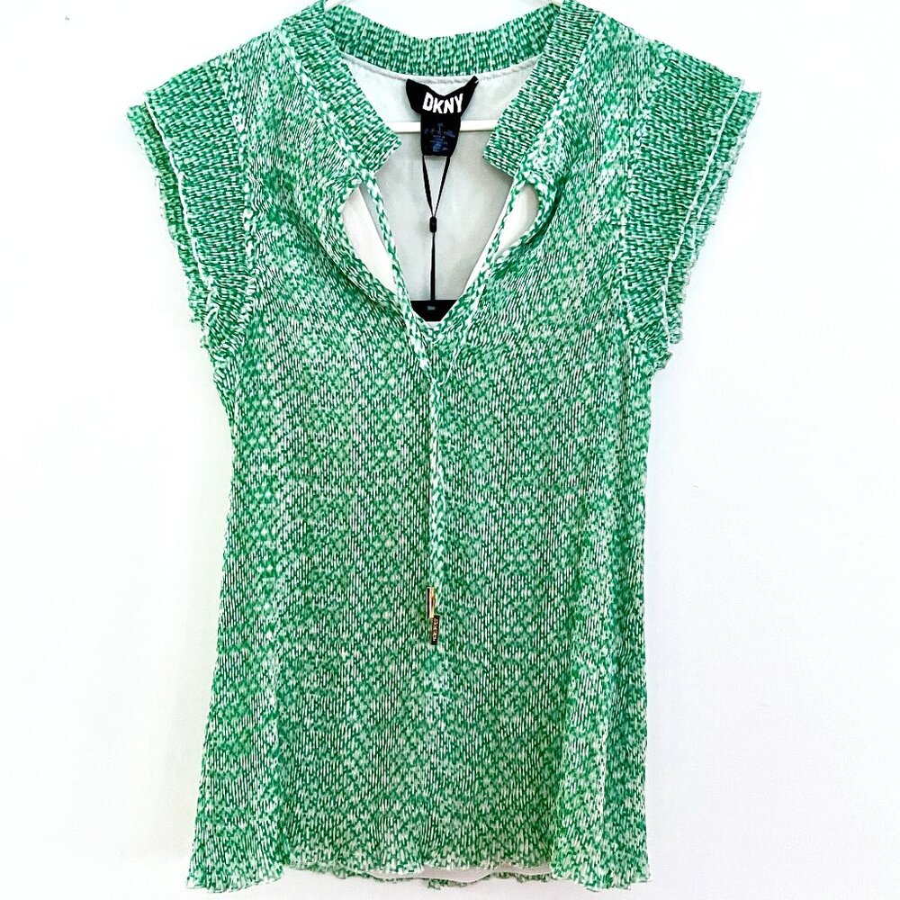 DKNY Top Large Green Pullover Blouse Crinkle Tie Front Green NWT